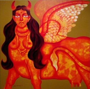 Derseggen (27) Kamdhenu sacred celestial art painting in red by Sunil Chawdike