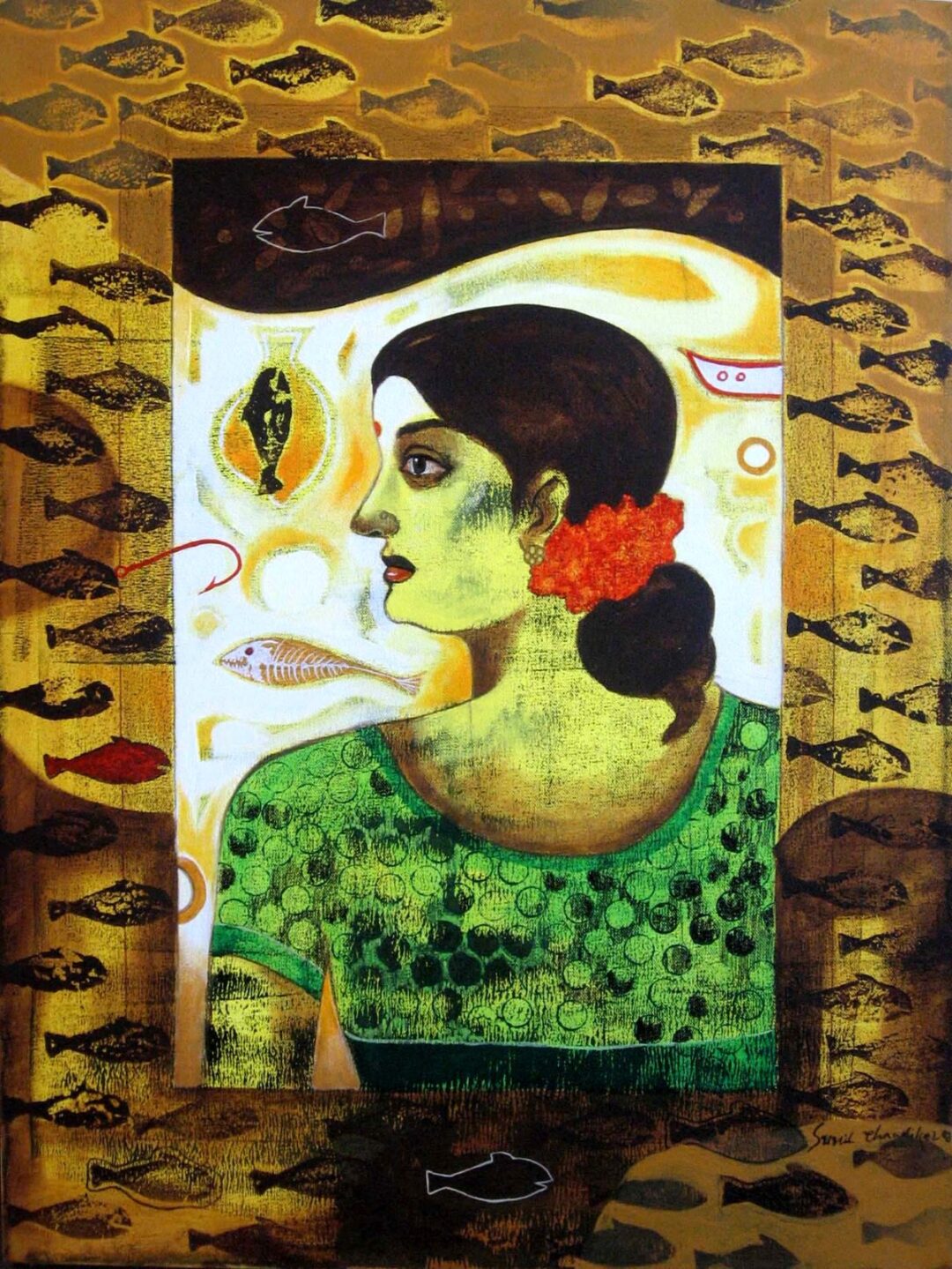 Fisher woman contemporary figurative painting by Sunil Chawdike