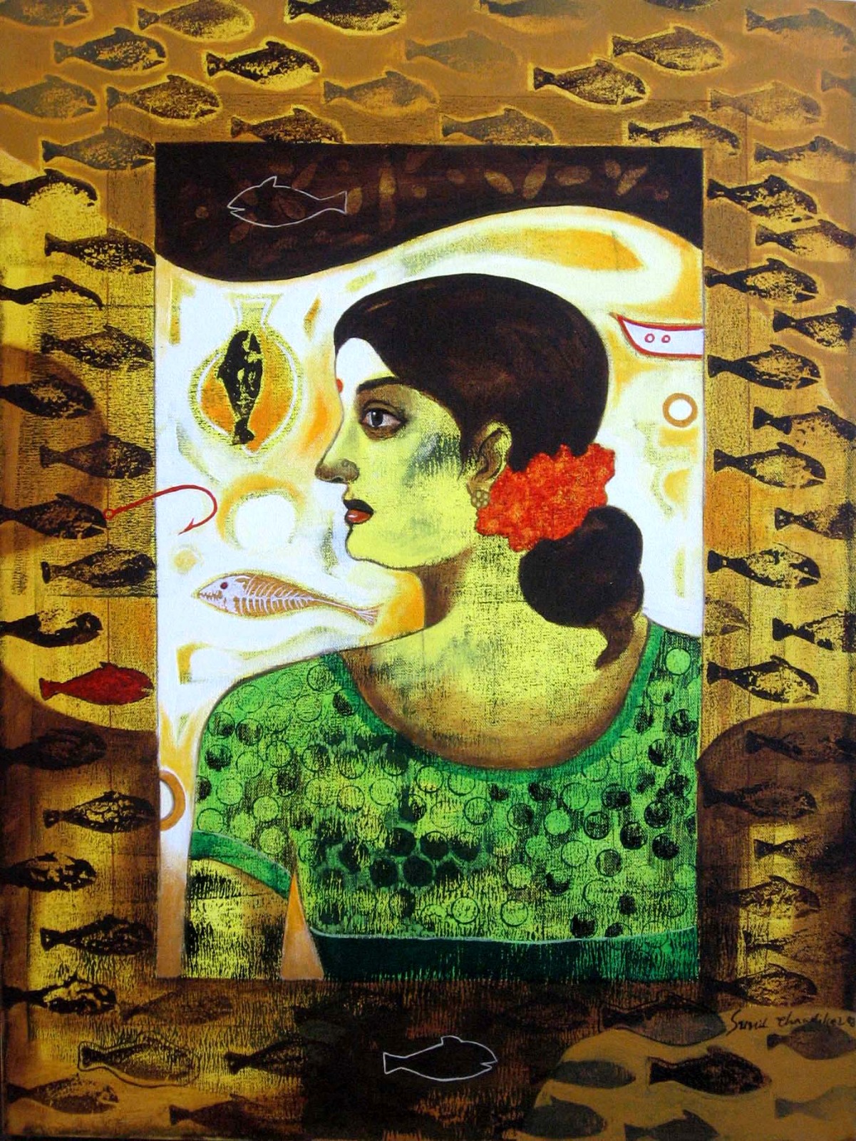 Fisher woman contemporary figurative painting by Sunil Chawdike