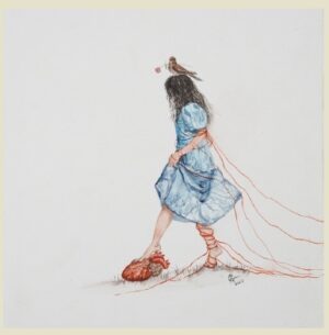A young woman strides ahead in a wind-blown blue dress, a bird resting on her head with a flower in its beak. Red threads bind her ankle and trail behind her, while her foot comes to rest upon a human heart. The painting reflects on love as both anchor and bond — the ties that hold us, the heart we carry, and the tenderness that still finds us along the way.