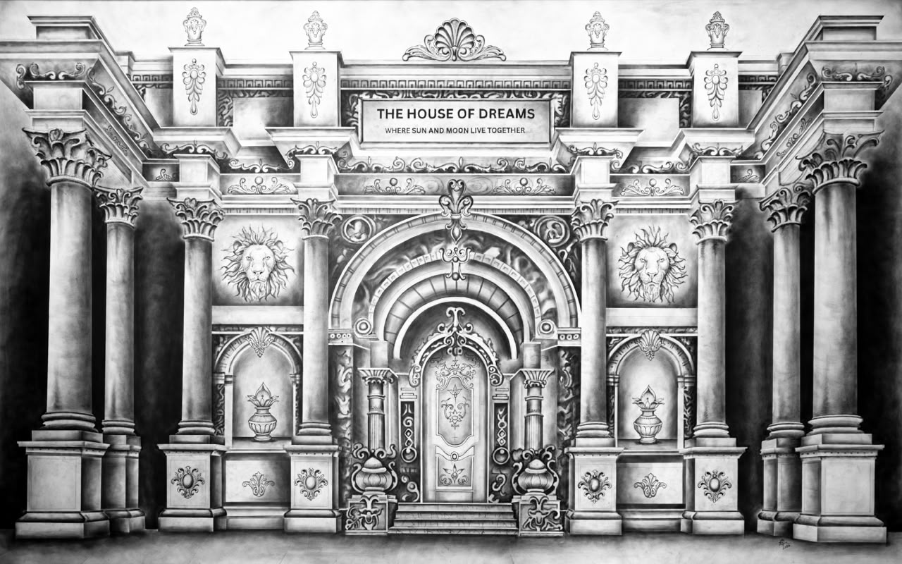 An imagined palace facade rendered entirely in charcoal and graphite, where Corinthian columns, lion mascarons and flaming kalash niches come together in an Indo-European architecture of the mind. Inscribed “The Dream House — where sun and moon live together,” the work builds, stone by drawn stone, a home where opposites coexist. A meditation on aspiration, harmony and the architecture of our dreams.