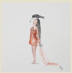 A young woman leans back with her eyes closed as a bird perched upon her head offers a flower to her lips. Red threads unwind from her arms and spill to the ground, sprouting delicate blue blossoms. The painting speaks of surrender and release — the moment when what once bound us begins to bloom, and expression flows freely from within.
