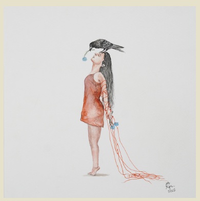 A young woman leans back with her eyes closed as a bird perched upon her head offers a flower to her lips. Red threads unwind from her arms and spill to the ground, sprouting delicate blue blossoms. The painting speaks of surrender and release — the moment when what once bound us begins to bloom, and expression flows freely from within.