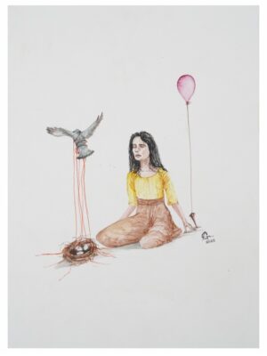 Responsibilities A woman kneels with her eyes closed, one hand holding down the string of a pink balloon straining toward the sky. Beside her, a bird pulls at red threads tied to a nest of unhatched eggs. Suspended between flight and duty, the painting captures the quiet weight of responsibility — the dreams we hold back so that what depends on us stays safe.