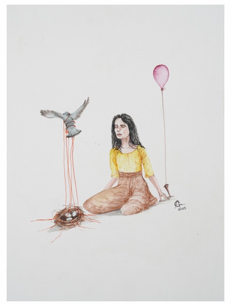 Responsibilities A woman kneels with her eyes closed, one hand holding down the string of a pink balloon straining toward the sky. Beside her, a bird pulls at red threads tied to a nest of unhatched eggs. Suspended between flight and duty, the painting captures the quiet weight of responsibility — the dreams we hold back so that what depends on us stays safe.
