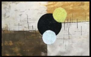Orbit A black circle overlaps lime green and pale blue ones on a textured, earth-toned field marked with fine cross lines. The effect is minimal, balanced and quietly mysterious. Orbit By Avyukt Ohri