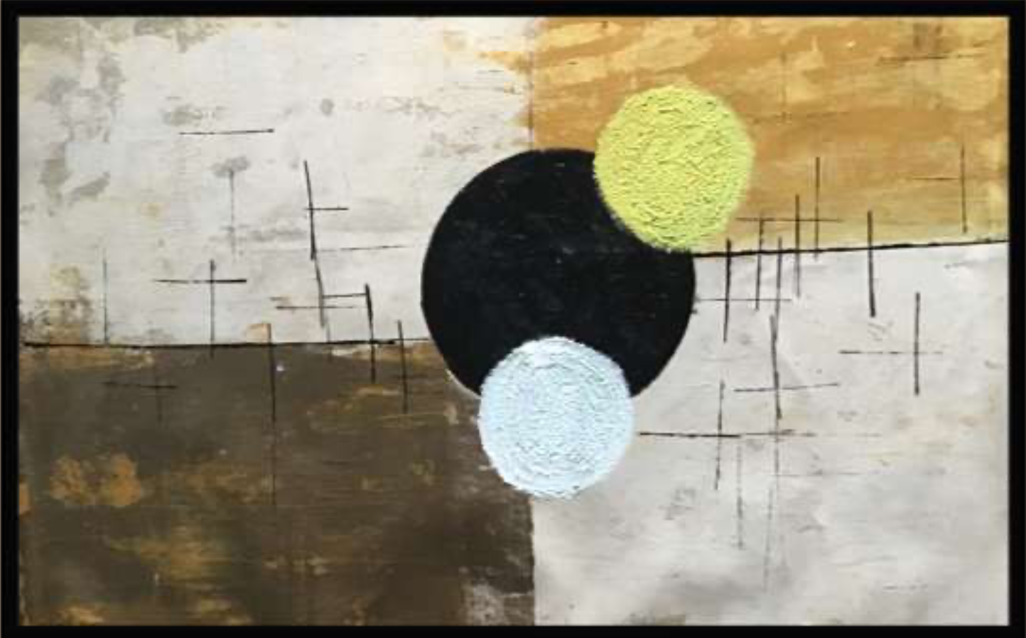 A black circle overlaps lime green and pale blue ones on a textured, earth-toned field marked with fine cross lines. The effect is minimal, balanced and quietly mysterious. Orbit By Avyukt Ohri