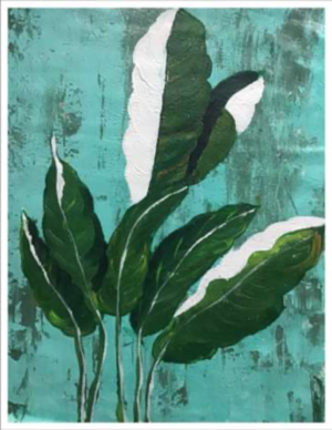 Bold green leaves with sculpted white highlights stand out against a weathered teal background. The painting is fresh, graphic and tropical in feel. by Avyukt Ohri