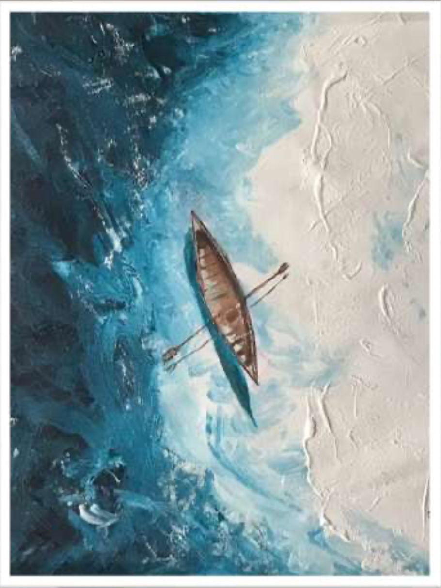 An aerial view of a lone wooden rowboat drifting where deep teal waters meet a pale, textured shore, painted with bold palette-knife strokes. Where the tide meets stillness by Avyukt Ohri