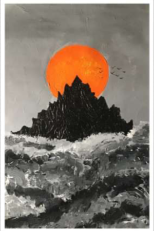 A blazing orange sun burns behind a jagged black mountain, set against a stormy grey sea and sky. It’s a dramatic work in which a single colour carries all the emotion. By Avyukt Ohri