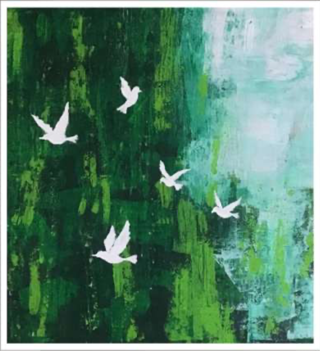 Five white doves lift through layered strokes of deep emerald and bright lime, moving toward a pale, misty aqua sky. The painting feels like a quiet moment of freedom and peace. By Avyukt ohri