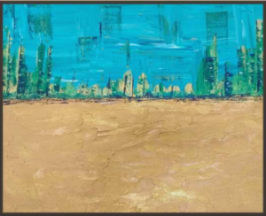 horizon A skyline of green towers rises under a vivid turquoise sky above a smooth, sculpted golden plain. The contrast between the two halves gives it a surreal, dreamlike calm.Horizon by avyukt ohri