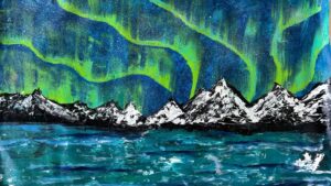 Ribbons of green aurora ripple across a deep blue sky above snow-capped peaks, painted in thick white texture. A turquoise lake below mirrors the glow. Dramatic and atmospheric, with a strong sense of stillness and wonder.