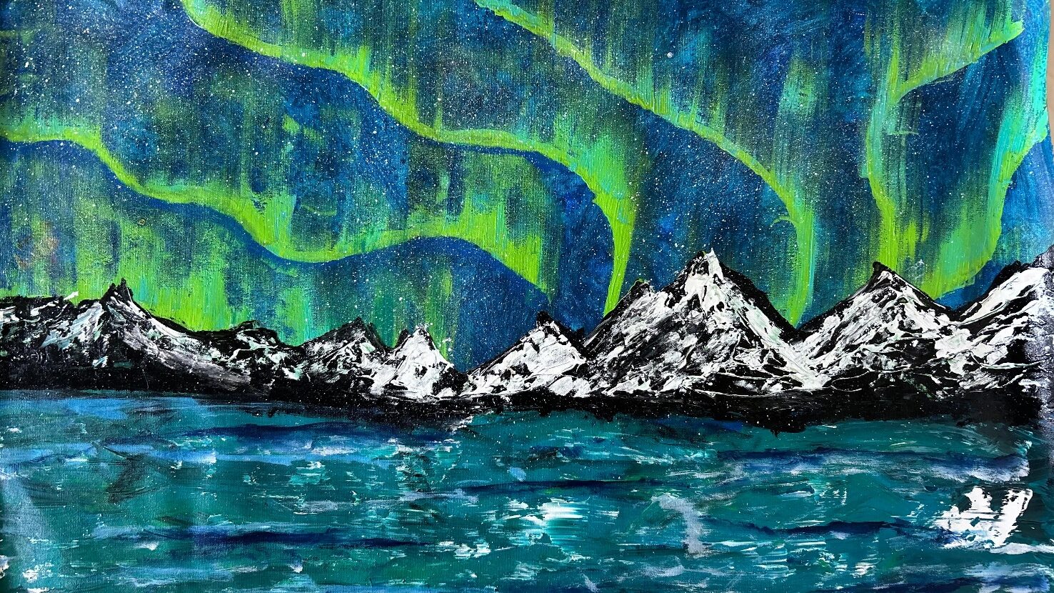 Ribbons of green aurora ripple across a deep blue sky above snow-capped peaks, painted in thick white texture. A turquoise lake below mirrors the glow. Dramatic and atmospheric, with a strong sense of stillness and wonder.