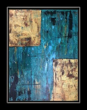 Two windows by Avyukt Ohri. A scratched, layered field of deep teal is interrupted by two gold-ochre panels set in opposite corners, like windows, weathered wall fragments or pieces of old gilded wall. Rich surface texture and a limited palette give the piece a quiet, architectural calm.