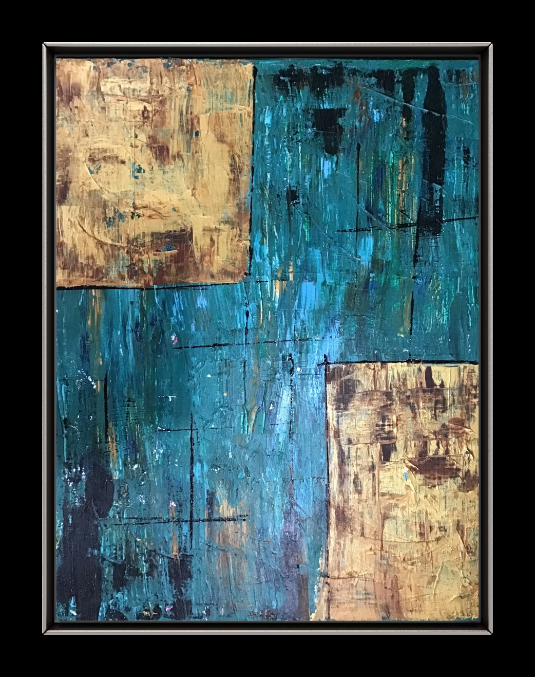 Two windows by Avyukt Ohri. A scratched, layered field of deep teal is interrupted by two gold-ochre panels set in opposite corners, like windows, weathered wall fragments or pieces of old gilded wall. Rich surface texture and a limited palette give the piece a quiet, architectural calm.