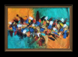 A glowing orange field on one side and a bright turquoise one on the other are joined by a lively cluster of blue, red, yellow, black and white strokes crossing the middle. It reads as a meeting point or collision of moods and colors: energetic, playful and full of rhythm.
