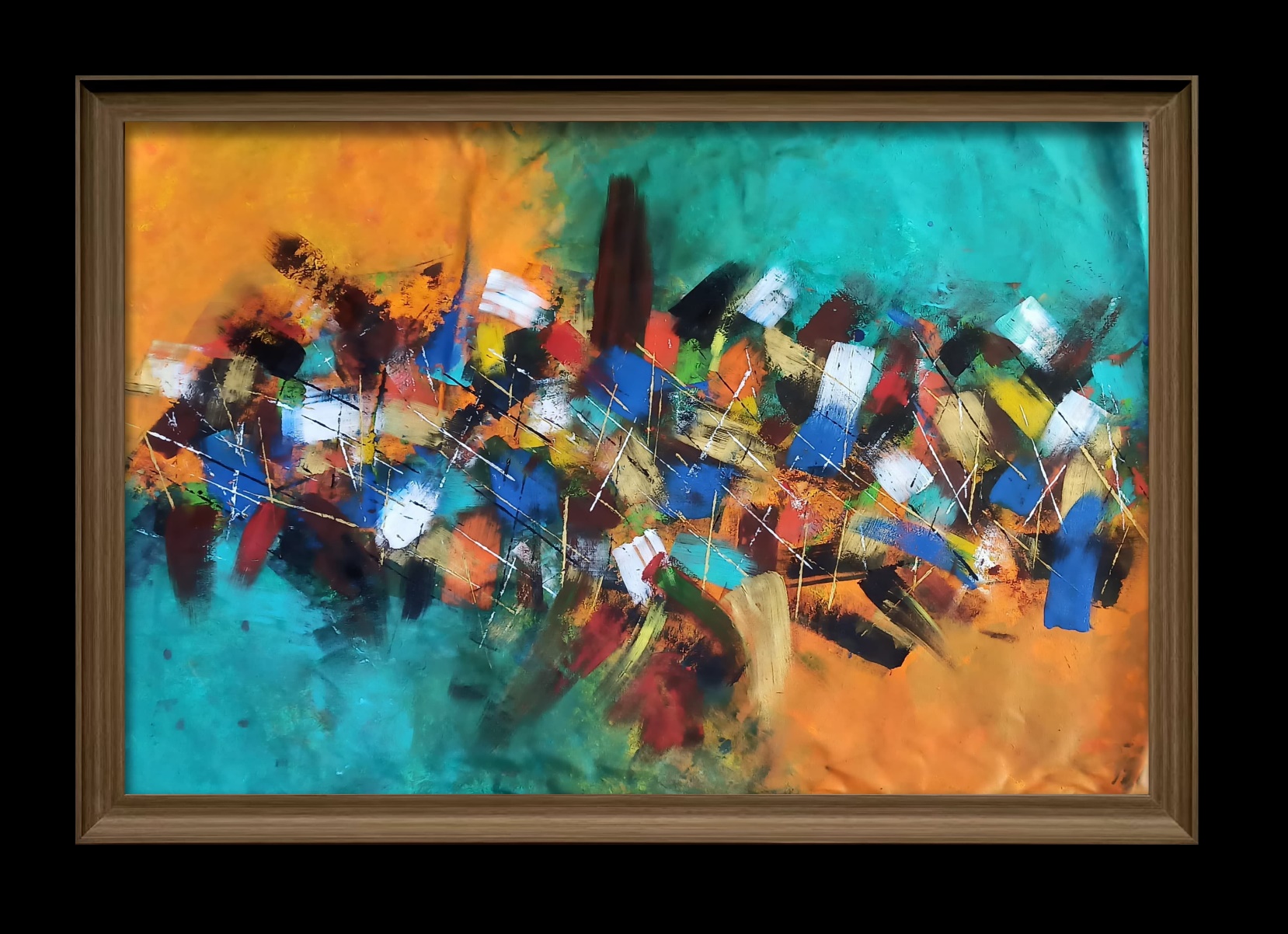 A glowing orange field on one side and a bright turquoise one on the other are joined by a lively cluster of blue, red, yellow, black and white strokes crossing the middle. It reads as a meeting point or collision of moods and colors: energetic, playful and full of rhythm.