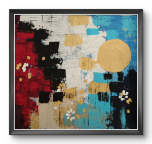 Blocks of crimson, black, white and turquoise are layered like a collage around a large golden disc, with tiny white flowers scattered across the surface. Part abstract, part dreamscape, it balances heavy shapes with small, delicate details.