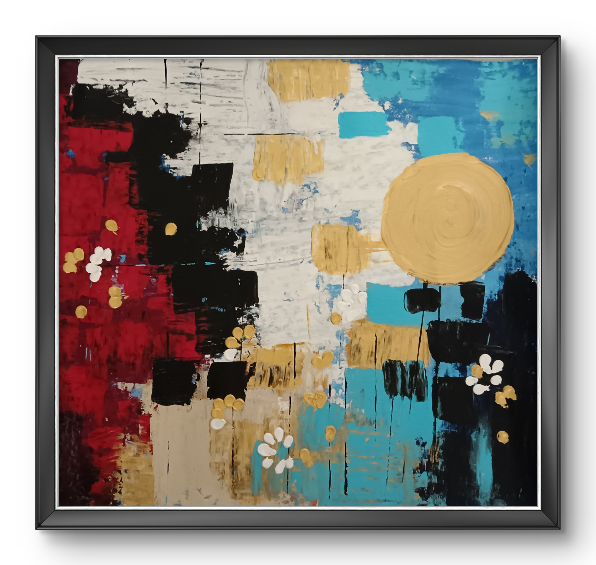 Blocks of crimson, black, white and turquoise are layered like a collage around a large golden disc, with tiny white flowers scattered across the surface. Part abstract, part dreamscape, it balances heavy shapes with small, delicate details.