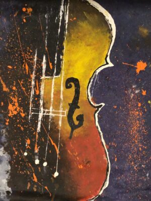 Amber of Strings by Avyukt Ohri. A violin glows in amber and copper against a deep purple-black background, flecked with splatters and drips that feel like notes in the air. Music rendered as warmth and light.
