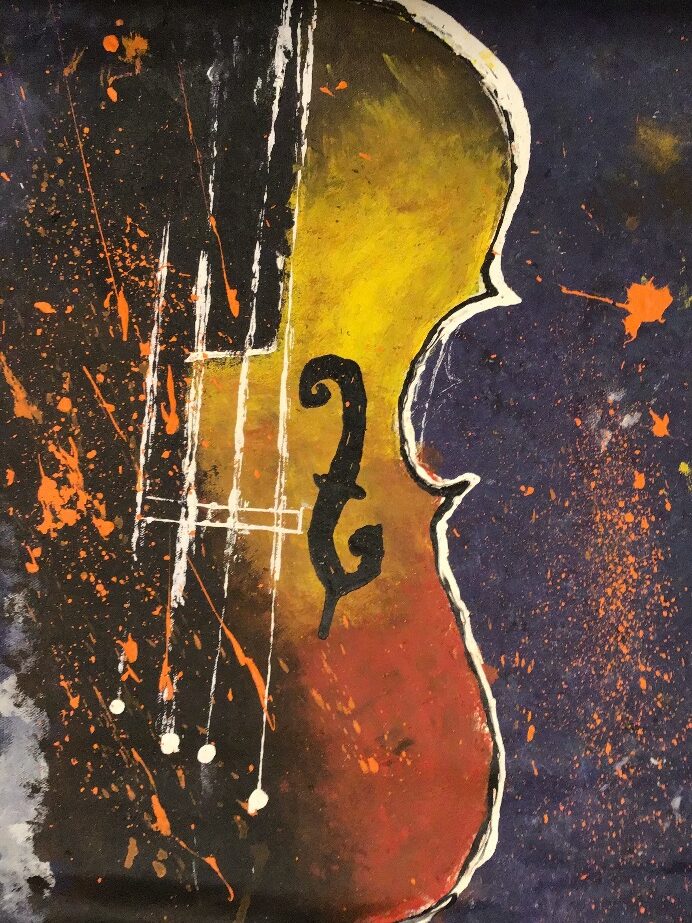 Amber of Strings by Avyukt Ohri. A violin glows in amber and copper against a deep purple-black background, flecked with splatters and drips that feel like notes in the air. Music rendered as warmth and light.