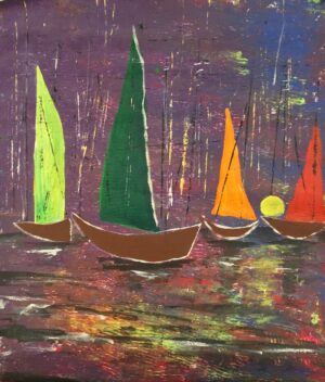 Sailboats with lime green, orange and red sails glide across dark water under a purple sky, with a small yellow sun or moon low on the horizon. Their reflections streak red and orange through the waves. Cheerful, colorful and full of movement.