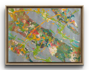 Diagonal swathes of green, orange, yellow and blue sweep across a soft grey ground, looping and tangling like vines or streams. The movement pulls the eye across the frame, and the palette feels lively without being loud. Art by Avyukt Ohri
