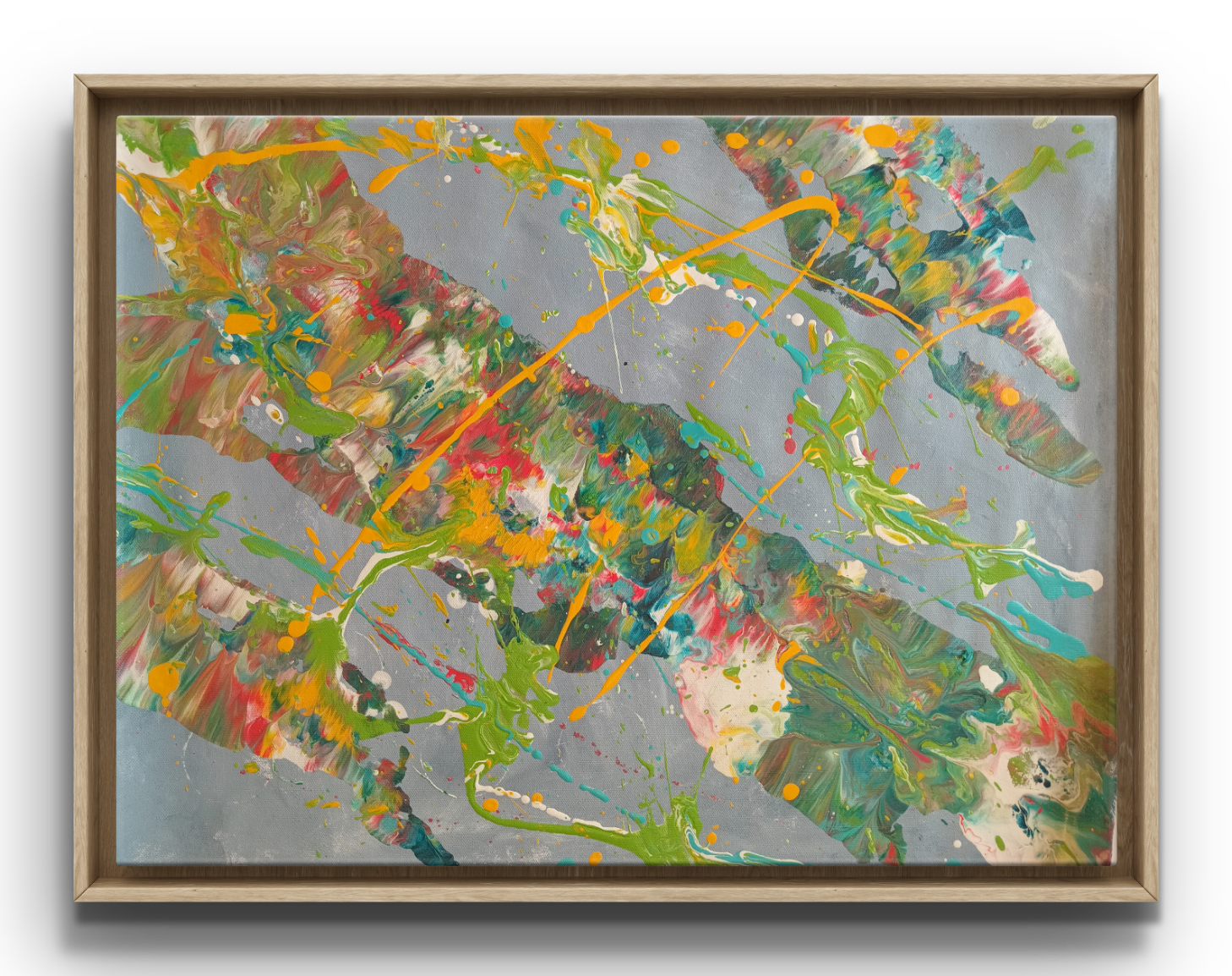 Color Currents Diagonal swathes of green, orange, yellow and blue sweep across a soft grey ground, looping and tangling like vines or streams. The movement pulls the eye across the frame, and the palette feels lively without being loud. Art by Avyukt Ohri