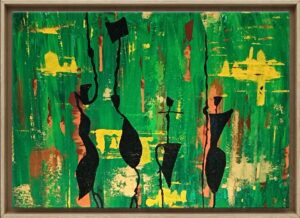 Tall, elongated black figures stand against a vivid green field scratched with gold and yellow marks. They echo the standing figures in Horizon Line, here placed in a richer, more crowded world. A study in presence, silhouette and color.