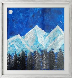 Moonlit Peaks by Avyukt Ohri. Snow-covered mountains in white and ice blue rise above dark evergreens beneath a deep blue sky, with a small pale moon at the upper left. Cool, textured and peaceful.