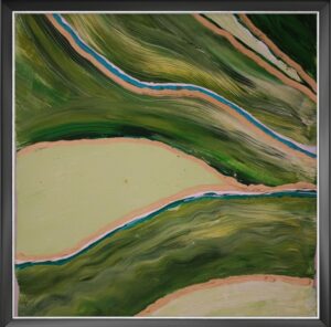 Rolling fields by Avyukt Ohri. Soft bands of olive green and cream sweep across the canvas, edged with thin lines of blue and orange. It can be read as hills, fields or rivers seen from above: simple, flowing and calming.