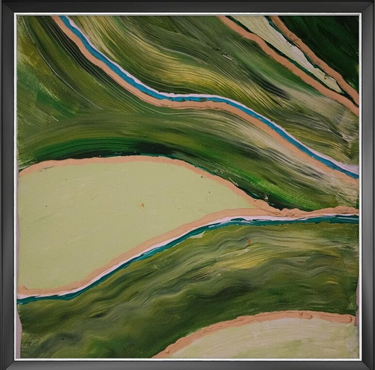 Rolling fields by Avyukt Ohri. Soft bands of olive green and cream sweep across the canvas, edged with thin lines of blue and orange. It can be read as hills, fields or rivers seen from above: simple, flowing and calming.