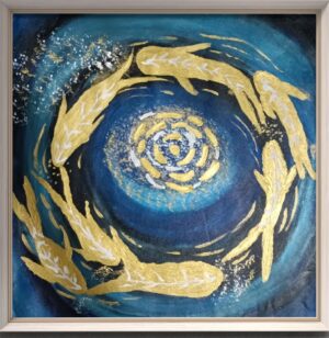 Circle of Koi by Avyukt Ohri. Golden fish curve in a ring around a glowing, swirling center set in deep blue water. The circular composition suggests harmony, cycles and good fortune, with gold highlights that shimmer against the dark.
