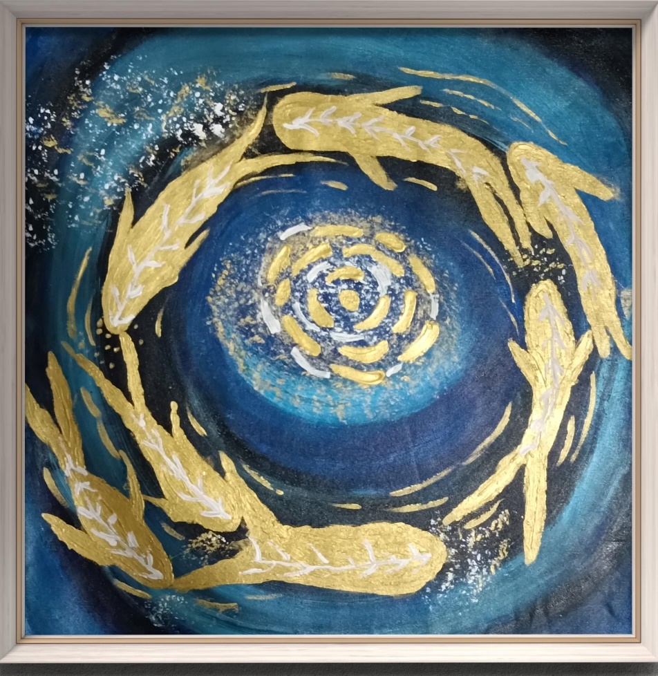 Circle of Koi by Avyukt Ohri. Golden fish curve in a ring around a glowing, swirling center set in deep blue water. The circular composition suggests harmony, cycles and good fortune, with gold highlights that shimmer against the dark.