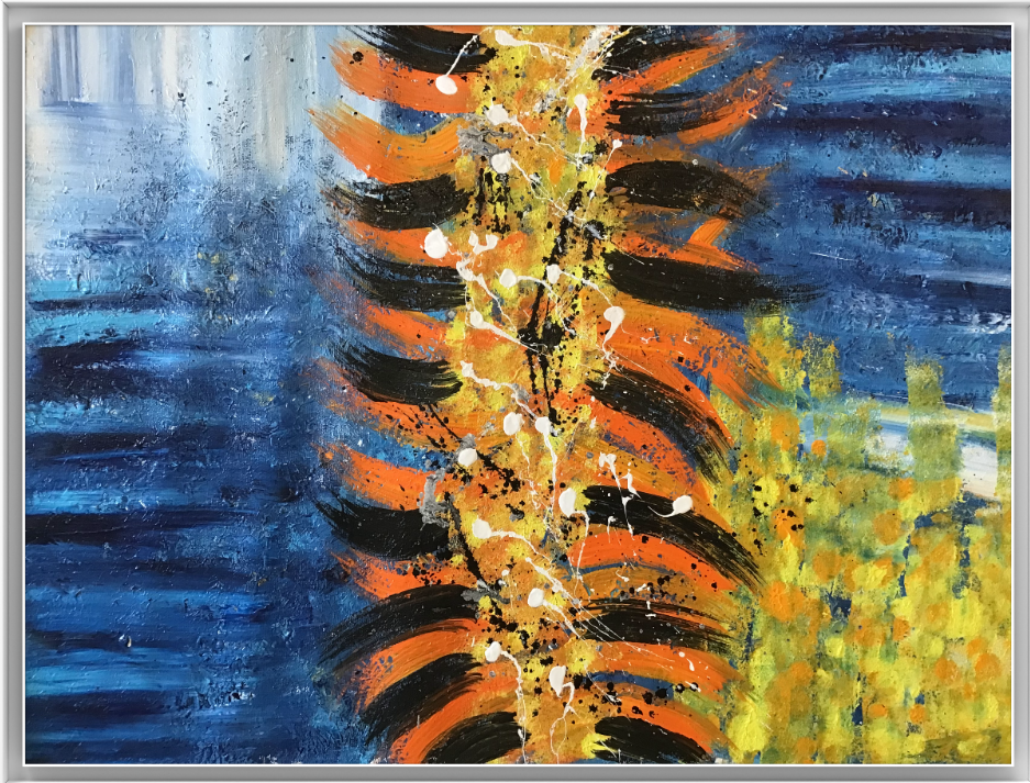 Fern of Fire by Avyukt Ohri. A spine of orange and black feather-like shapes runs down the center, set between deep blue water-like strokes on one side and warm yellow-green on the other. Bold, graphic and rhythmic.