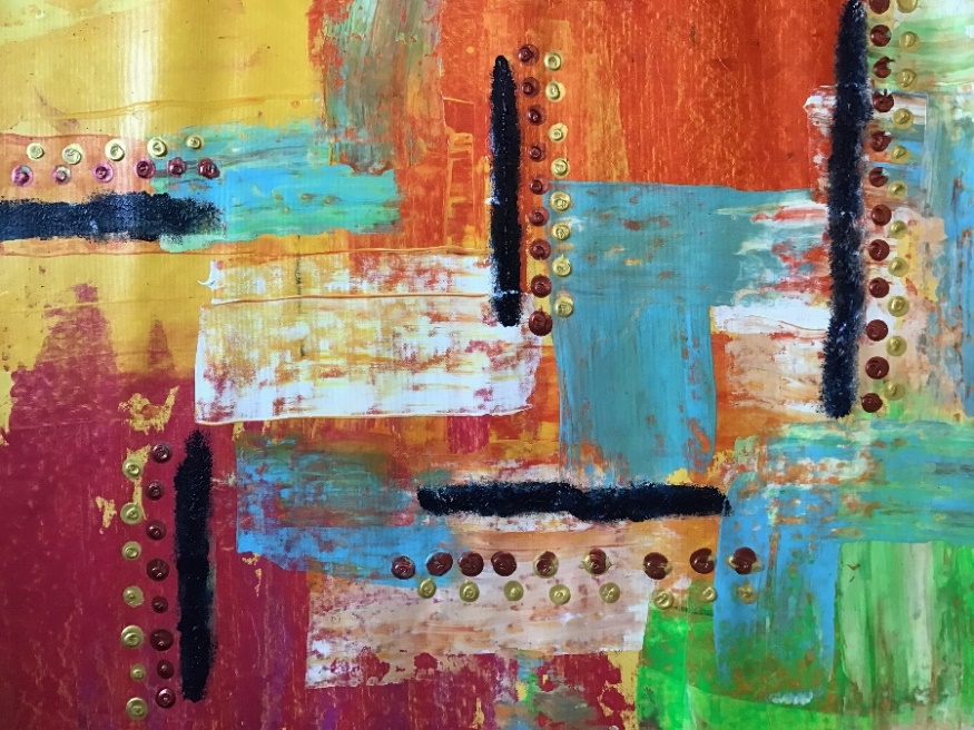 Patchwork Day by Avyukt Ohri. Terracotta, yellow, teal and red blocks sit side by side, marked with black dashes and rows of small dots. It feels playful and cheerful, like a quilt or a sunlit market: color used purely for joy.