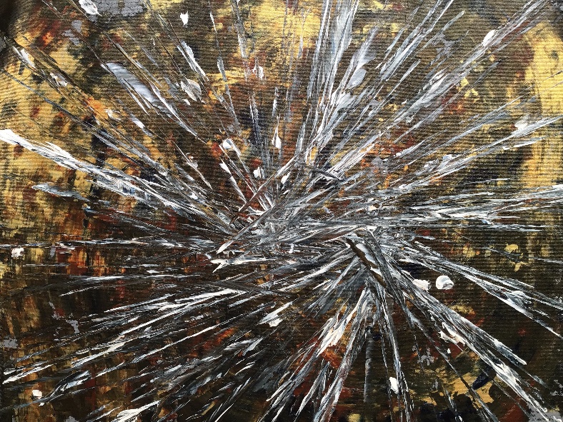 Silver Rays by Avyukt Ohri. Fine silver and white lines radiate from a single point against black and gold, like light racing outward, shattered glass or a star caught mid-explosion. High energy with strong contrast.