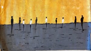 Avyukt Ohri : Acrylic on canvas, 34" × 22". Ten solitary figures stand along a horizon between a luminous, cracked gold sky and a quiet grey plain, their reflections trailing below.