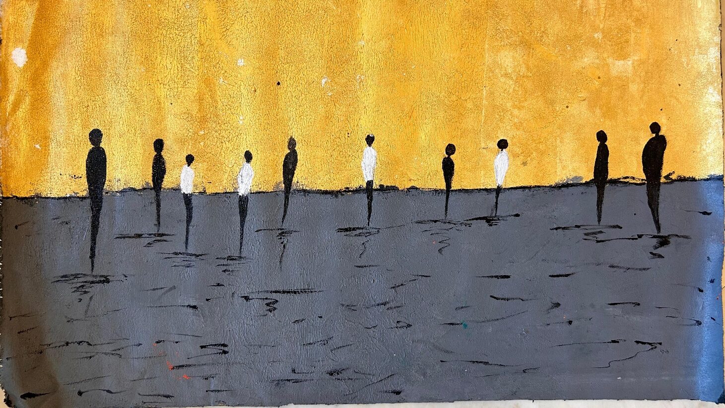 Avyukt Ohri : Acrylic on canvas, 34" × 22". Ten solitary figures stand along a horizon between a luminous, cracked gold sky and a quiet grey plain, their reflections trailing below.