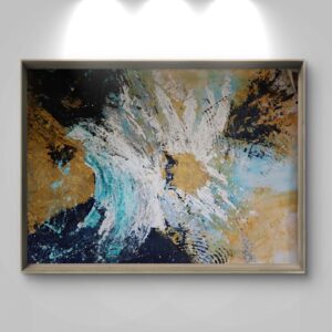 White bloom by Avyukt Ohri. White and pale blue paint bursts outward from a golden center against deep black and navy, in feathered, sweeping strokes. It can be read as a splash, a flower opening or a star at its brightest: raw energy caught at its peak, held in a simple frame.