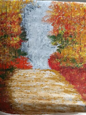 A pale silvery cascade falls between walls of red, orange and green autumn leaves and spills onto a sandy golden path that winds toward the viewer. Textured, knife-built foliage gives the scene warmth and depth. The most landscape-like piece in the collection, and an inviting one.