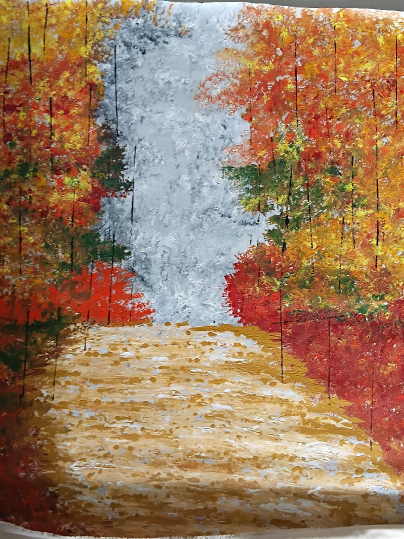 A pale silvery cascade falls between walls of red, orange and green autumn leaves and spills onto a sandy golden path that winds toward the viewer. Textured, knife-built foliage gives the scene warmth and depth. The most landscape-like piece in the collection, and an inviting one.