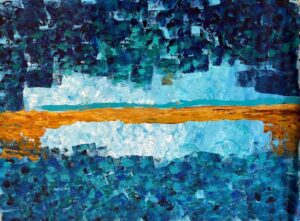 Mosaic Lake by Avyukt Ohri. A band of white and icy blue sits between a thin amber horizon and fields of deep teal and navy, all built from small square dabs of paint. The effect is part stained glass, part pixel art: a lake at twilight holding the last light of the day.