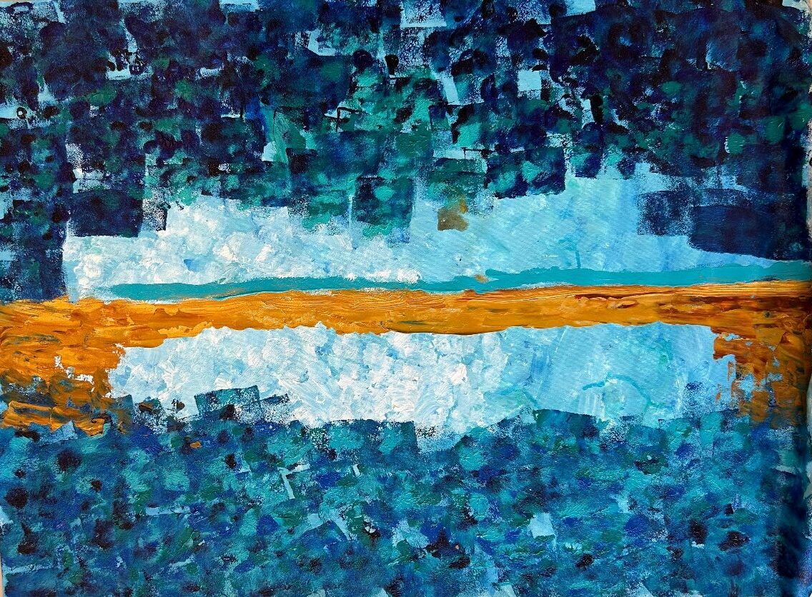 Mosaic Lake by Avyukt Ohri. A band of white and icy blue sits between a thin amber horizon and fields of deep teal and navy, all built from small square dabs of paint. The effect is part stained glass, part pixel art: a lake at twilight holding the last light of the day.