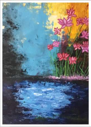 Pink and crimson lotus flowers rise on tall green stems against a glowing amber sky, while cool turquoise and dark, smoky strokes frame the left side of the canvas. Below, a pool of deep blue water shimmers with textured highlights. The painting sets warm against cool and calm water against vivid growth, with a hopeful, serene mood. Lotus at Dark by Avyukt Ohri