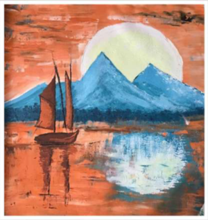 A lone sailboat rests on glowing terracotta water beneath blue mountains and a pale, rising moon. The scene is calm and nostalgic, with warm and cool tones in balance. by Avyukt ohri