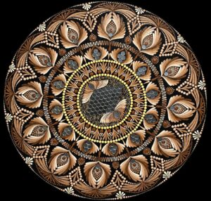 A meticulously detailed circular artwork inspired by the visual language of mandalas, featuring concentric patterns, floral and organic motifs, and intricate dot work. Set against a deep black ground, warm bronze, ivory and muted gold tones create a striking balance between symmetry, texture and movement.