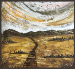 the-road-ahead A dark path winds through golden fields toward distant hills beneath a sweeping, swirling sky. The mood is warm, open and contemplative.by avyukt ohri
